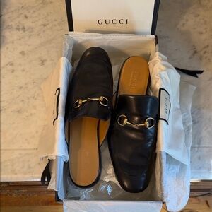 Gucci Black Leather Mules with Gold Hardware